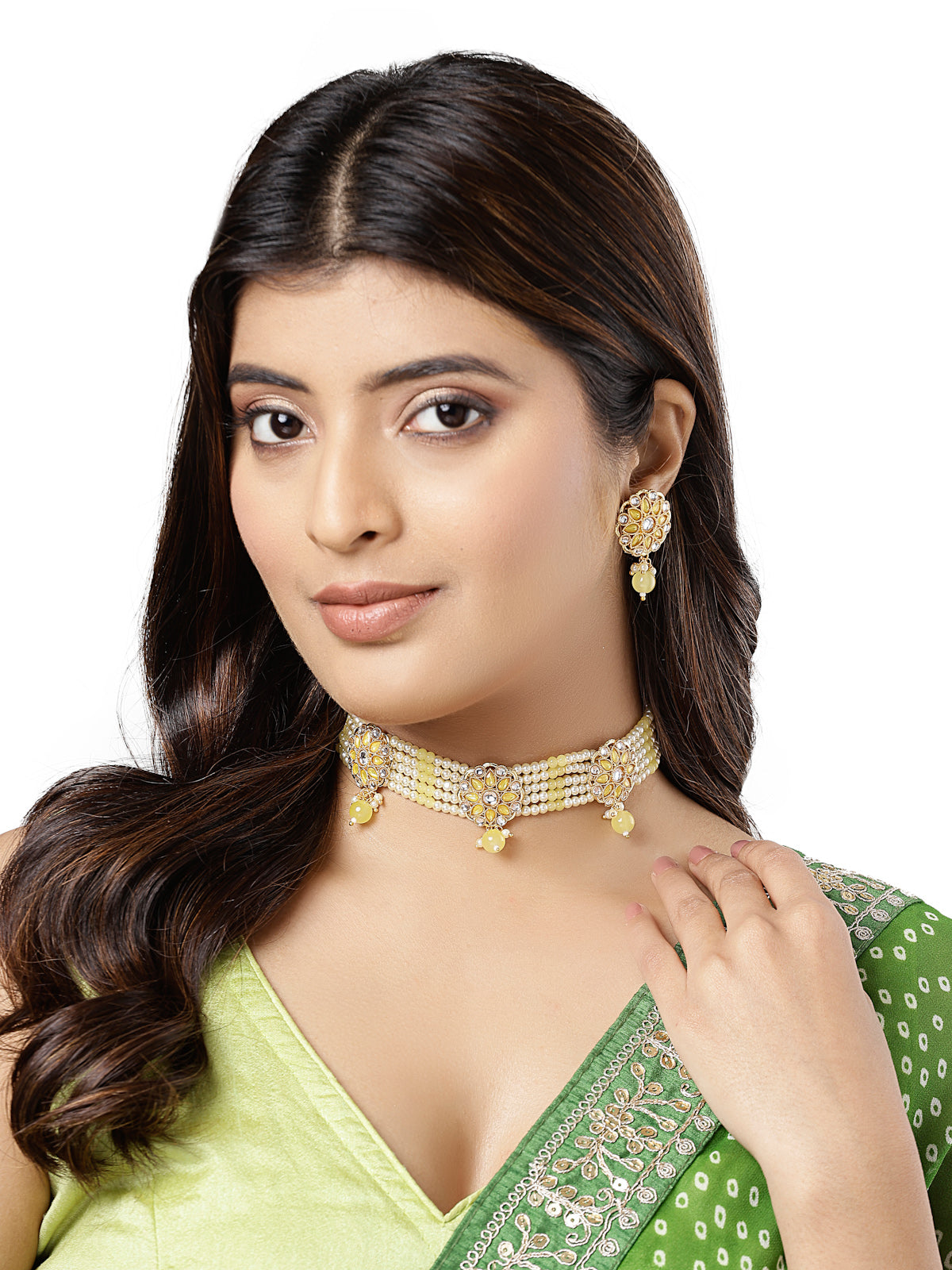 Sukkhi Fashionable Gold Plated Pearls With AD Stones Studded Yellow Multistrand Choker Necklace Set & Studs Earrings For Women & Girls|Set of 1|NS106124