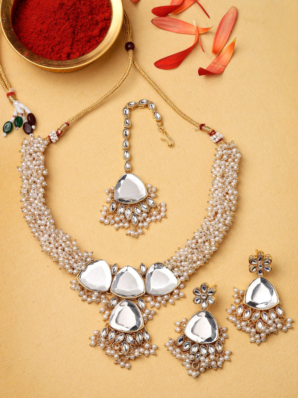 Sukkhi Affordable Gold Tone White Pearls Choker Necklace Set With Dangler Earring & Maangtikka Jewellery Set For Women & Girls|Set of 1|NS106125