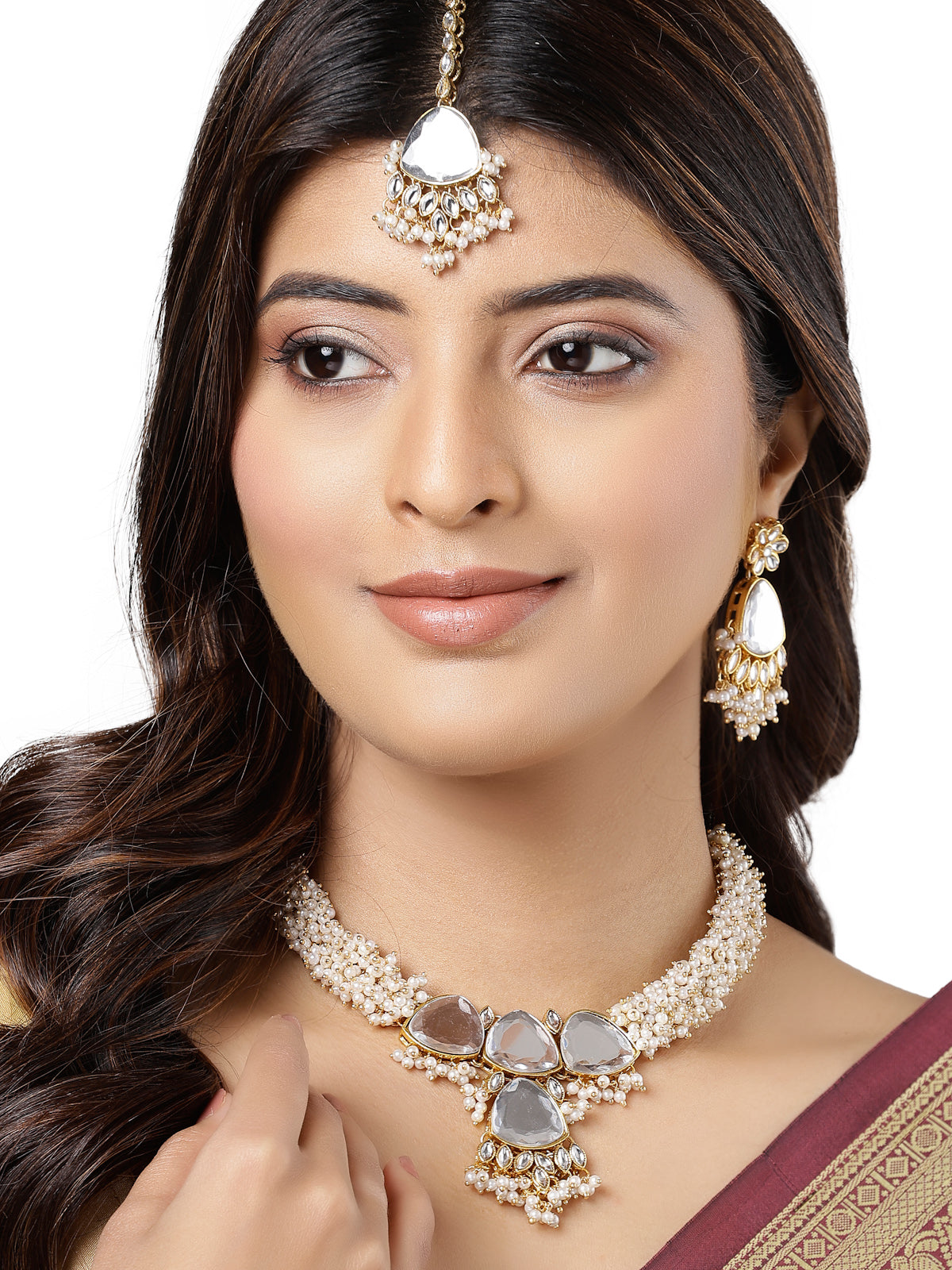 Sukkhi Affordable Gold Tone White Pearls Choker Necklace Set With Dangler Earring & Maangtikka Jewellery Set For Women & Girls|Set of 1|NS106125