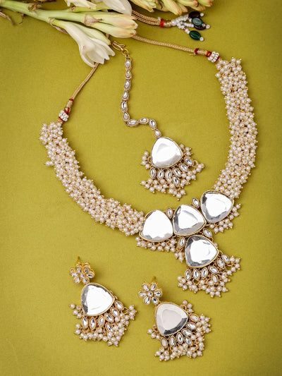 Sukkhi Affordable Gold Tone White Pearls Choker Necklace Set With Dangler Earring & Maangtikka Jewellery Set For Women & Girls|Set of 1|NS106125