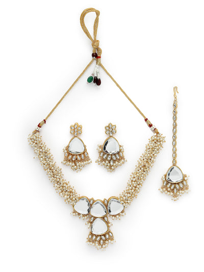 Sukkhi Affordable Gold Tone White Pearls Choker Necklace Set With Dangler Earring & Maangtikka Jewellery Set For Women & Girls|Set of 1|NS106125