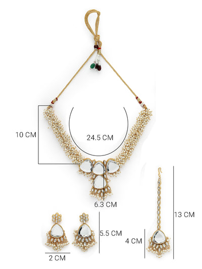 Sukkhi Affordable Gold Tone White Pearls Choker Necklace Set With Dangler Earring & Maangtikka Jewellery Set For Women & Girls|Set of 1|NS106125