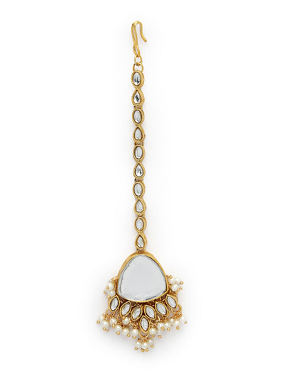 Sukkhi Affordable Gold Tone White Pearls Choker Necklace Set With Dangler Earring & Maangtikka Jewellery Set For Women & Girls|Set of 1|NS106125