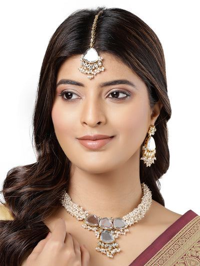 Sukkhi Affordable Gold Tone White Pearls Choker Necklace Set With Dangler Earring & Maangtikka Jewellery Set For Women & Girls|Set of 1|NS106125