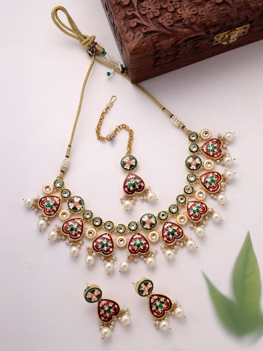 Sukkhi Stylish Gold Plated Pearls With Multicolor Meenakari Work Choker Necklace Set with Dangler Earrings & Maangtikka Jewellery Set For Women & Girls|Set of 1|NS106126