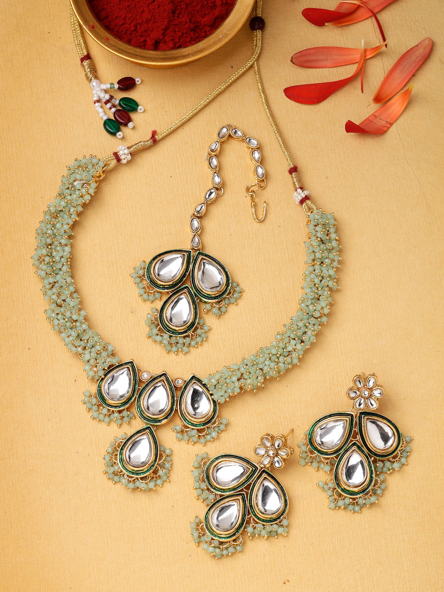 Sukkhi Elegant Gold Plated Pearls with Kundan Studded Mint Green Choker Necklace Set with Dangler Earring For Women & Girls|Set of 1|NS106127