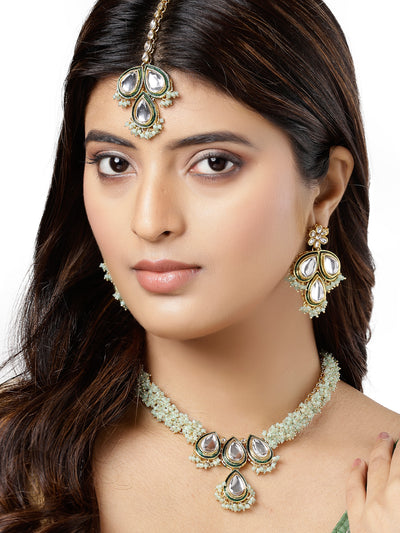 Sukkhi Elegant Gold Plated Pearls with Kundan Studded Mint Green Choker Necklace Set with Dangler Earring For Women & Girls|Set of 1|NS106127