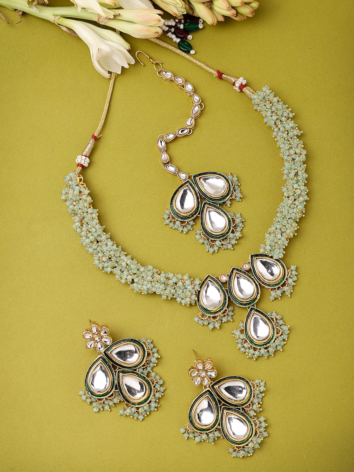 Sukkhi Elegant Gold Plated Pearls with Kundan Studded Mint Green Choker Necklace Set with Dangler Earring For Women & Girls|Set of 1|NS106127