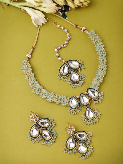 Sukkhi Elegant Gold Plated Pearls with Kundan Studded Mint Green Choker Necklace Set with Dangler Earring For Women & Girls|Set of 1|NS106127
