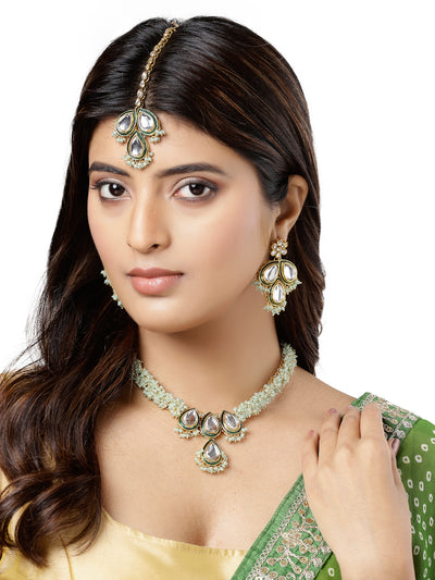 Sukkhi Elegant Gold Plated Pearls with Kundan Studded Mint Green Choker Necklace Set with Dangler Earring For Women & Girls|Set of 1|NS106127
