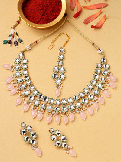 Sukkhi Pretty Pink Gold Plated Kundan Style Choker Necklace Set with Dangler Earrings & Maangtikka Jewellery Set For Women & Girls|Set of 1|NS106128