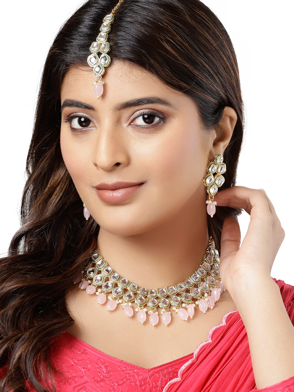 Sukkhi Pretty Pink Gold Plated Kundan Style Choker Necklace Set with Dangler Earrings & Maangtikka Jewellery Set For Women & Girls|Set of 1|NS106128