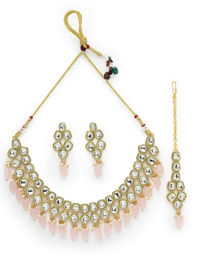 Sukkhi Pretty Pink Gold Plated Kundan Style Choker Necklace Set with Dangler Earrings & Maangtikka Jewellery Set For Women & Girls|Set of 1|NS106128