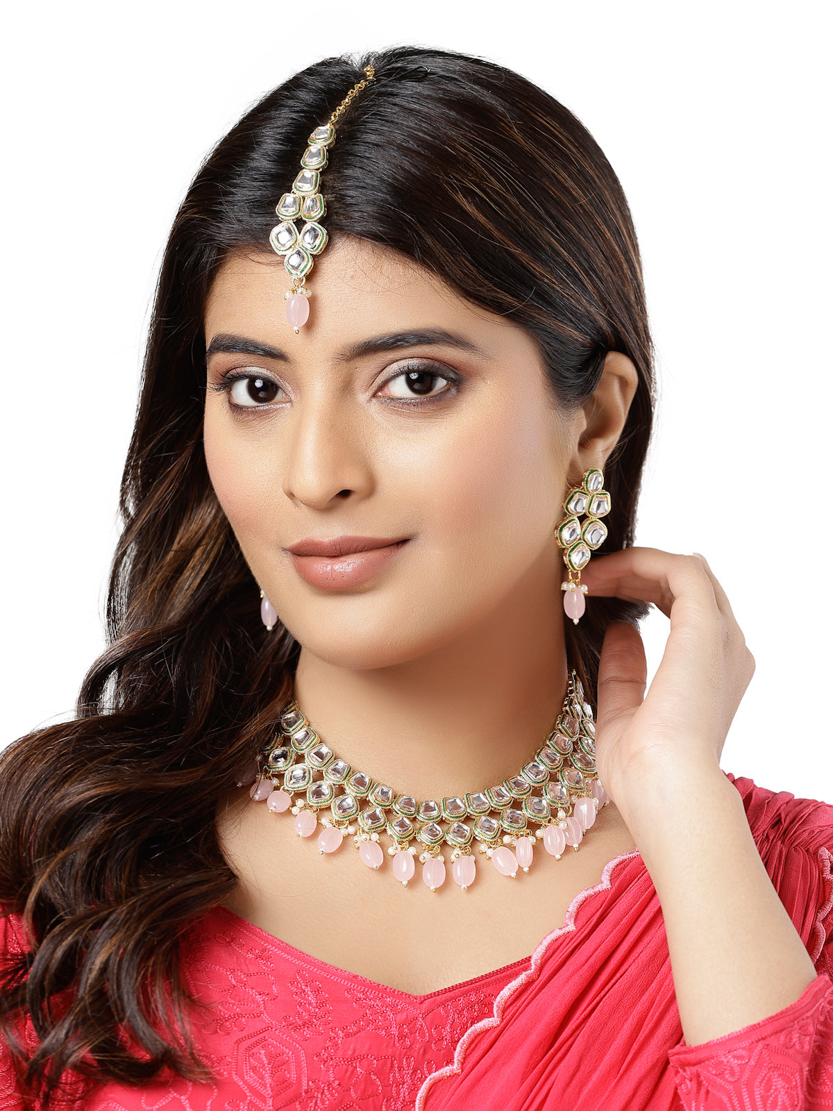 Sukkhi Pretty Pink Gold Plated Kundan Style Choker Necklace Set with Dangler Earrings & Maangtikka Jewellery Set For Women & Girls|Set of 1|NS106128