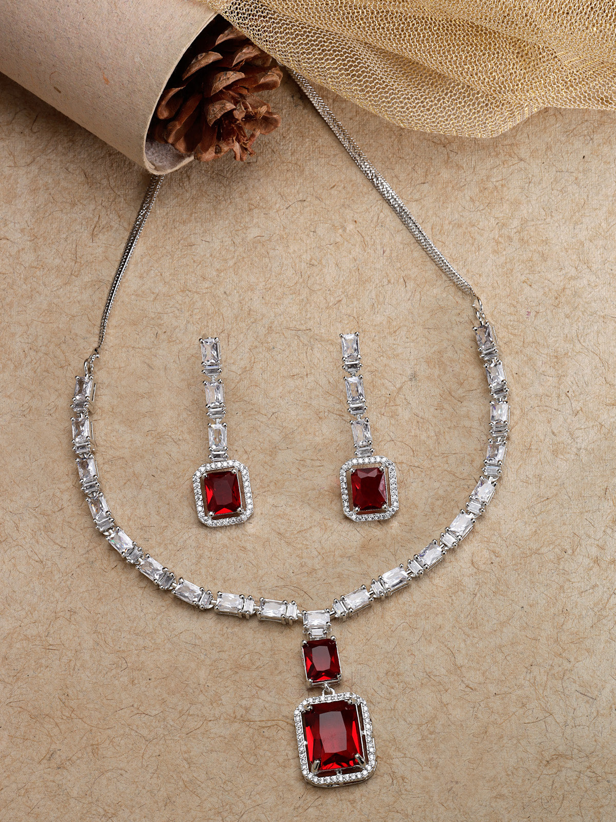 Sukkhi Beautiful Rhodium Plated Square Shaped with Cubic Zirconia Stone Studded Silver Red Choker Necklace Set with Dangle Drop Earrings For Women & Girls |Set of 1|NS106823