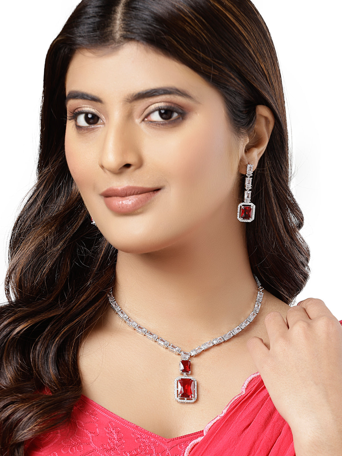 Sukkhi Beautiful Rhodium Plated Square Shaped with Cubic Zirconia Stone Studded Silver Red Choker Necklace Set with Dangle Drop Earrings For Women & Girls |Set of 1|NS106823