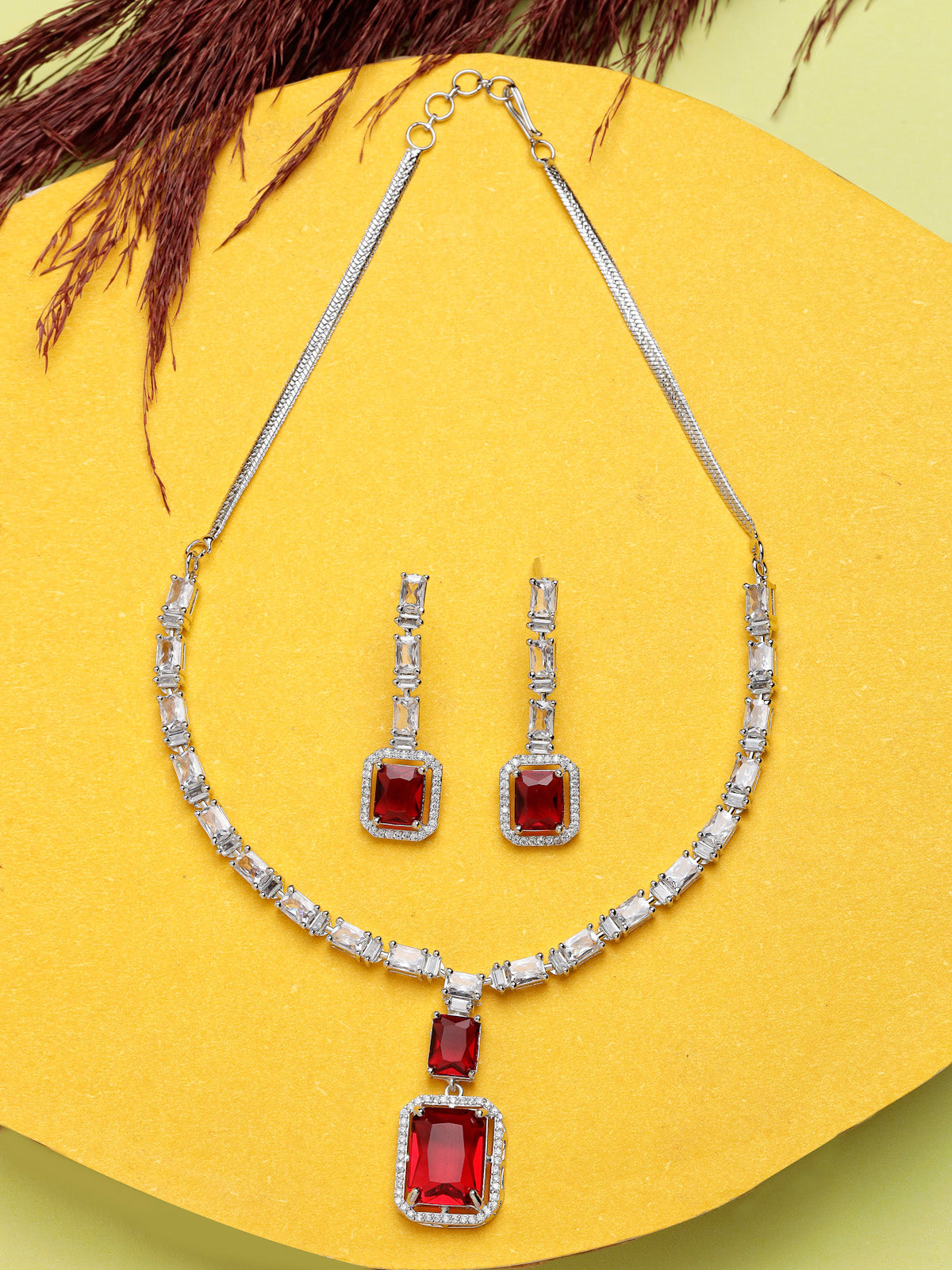 Sukkhi Beautiful Rhodium Plated Square Shaped with Cubic Zirconia Stone Studded Silver Red Choker Necklace Set with Dangle Drop Earrings For Women & Girls |Set of 1|NS106823