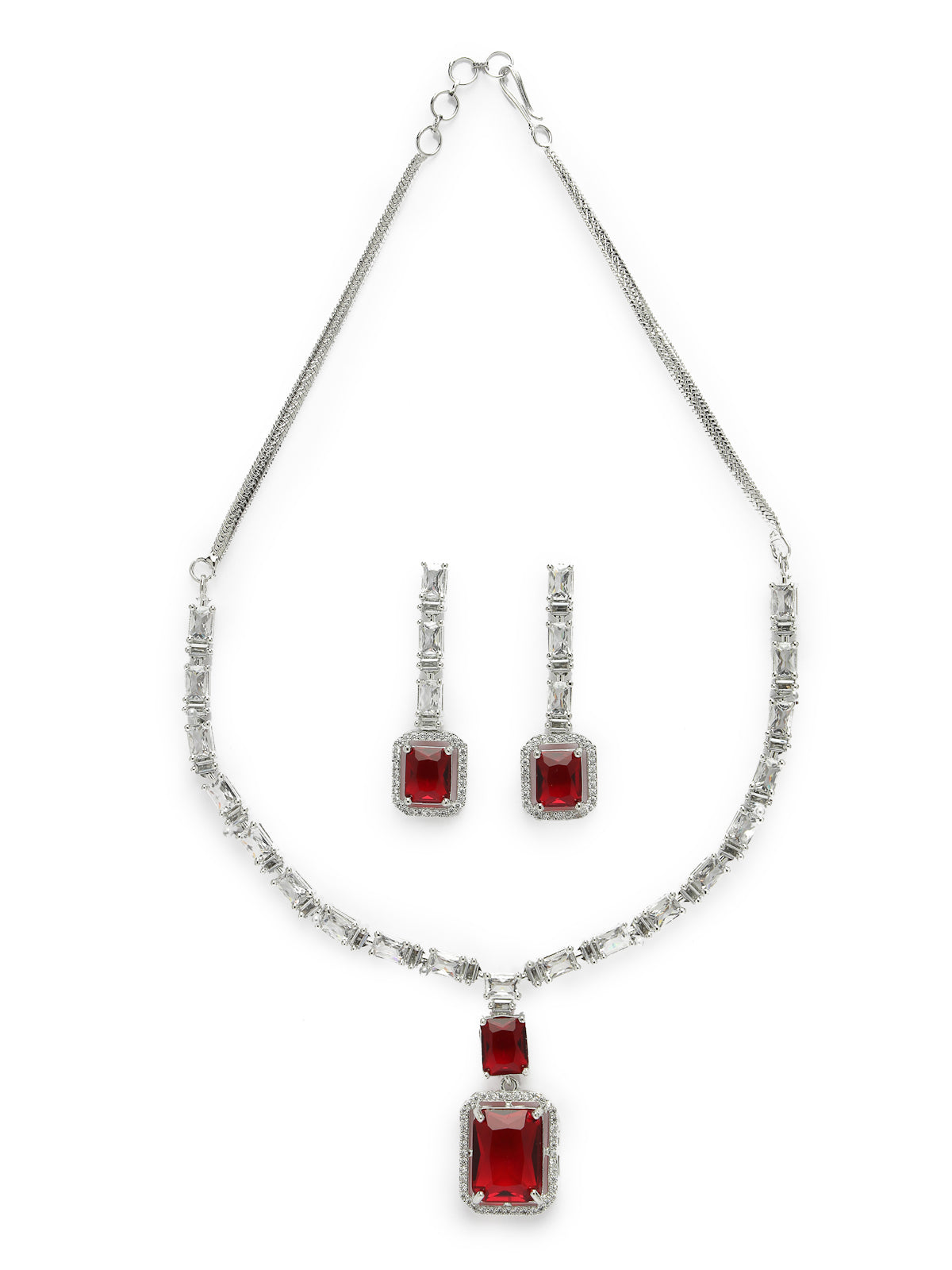 Sukkhi Beautiful Rhodium Plated Square Shaped with Cubic Zirconia Stone Studded Silver Red Choker Necklace Set with Dangle Drop Earrings For Women & Girls |Set of 1|NS106823