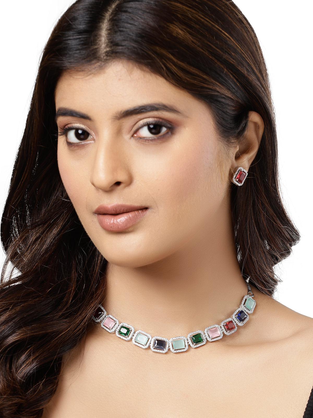 Sukkhi Most Beautiful Rhodium Plated Quadrate Shaped with Cubic Zirconia Stone Studded Silver Multicolor Choker Necklace Set with Studs Earrings For Women & Girls |Set of 1|NS106824