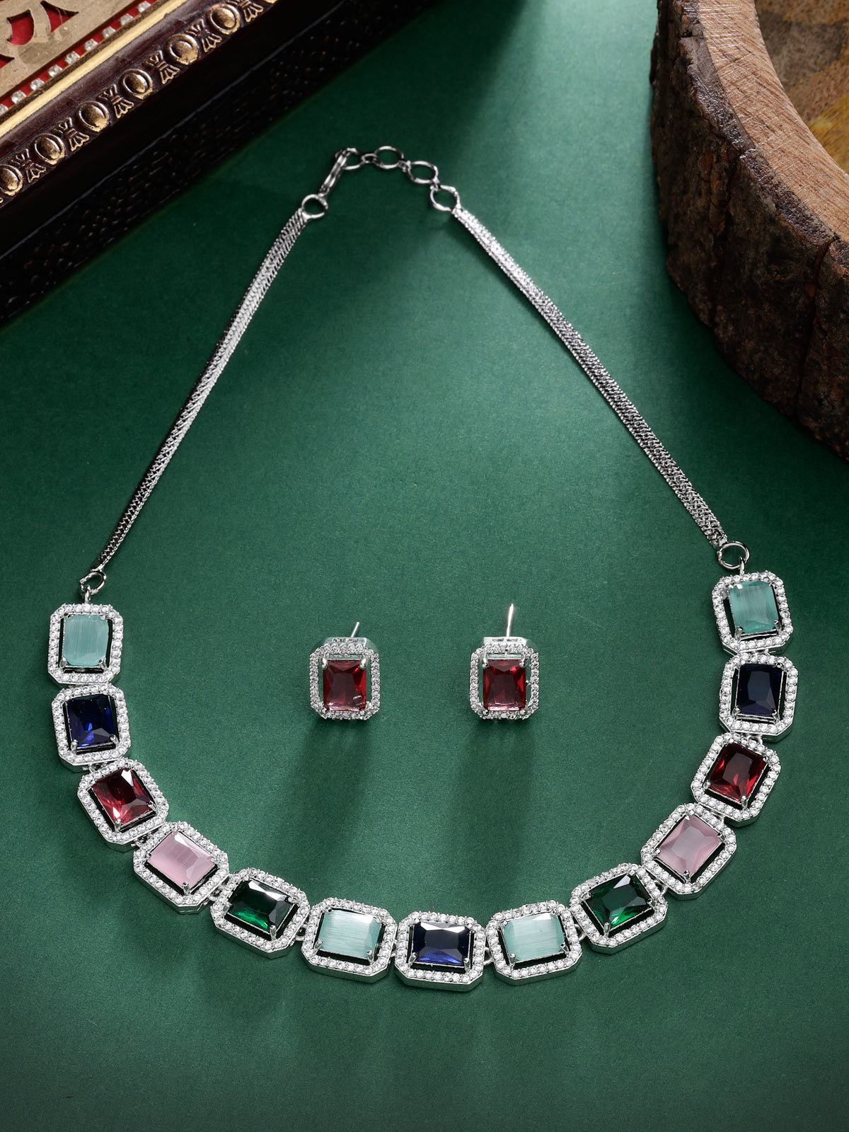 Sukkhi Most Beautiful Rhodium Plated Quadrate Shaped with Cubic Zirconia Stone Studded Silver Multicolor Choker Necklace Set with Studs Earrings For Women & Girls |Set of 1|NS106824