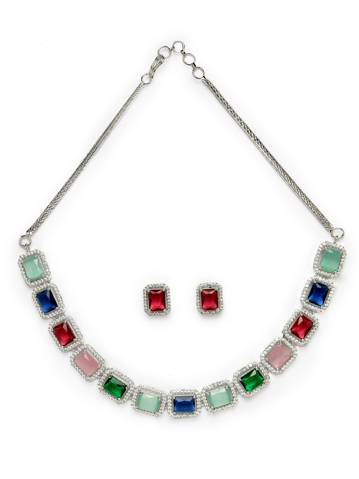 Sukkhi Most Beautiful Rhodium Plated Quadrate Shaped with Cubic Zirconia Stone Studded Silver Multicolor Choker Necklace Set with Studs Earrings For Women & Girls |Set of 1|NS106824