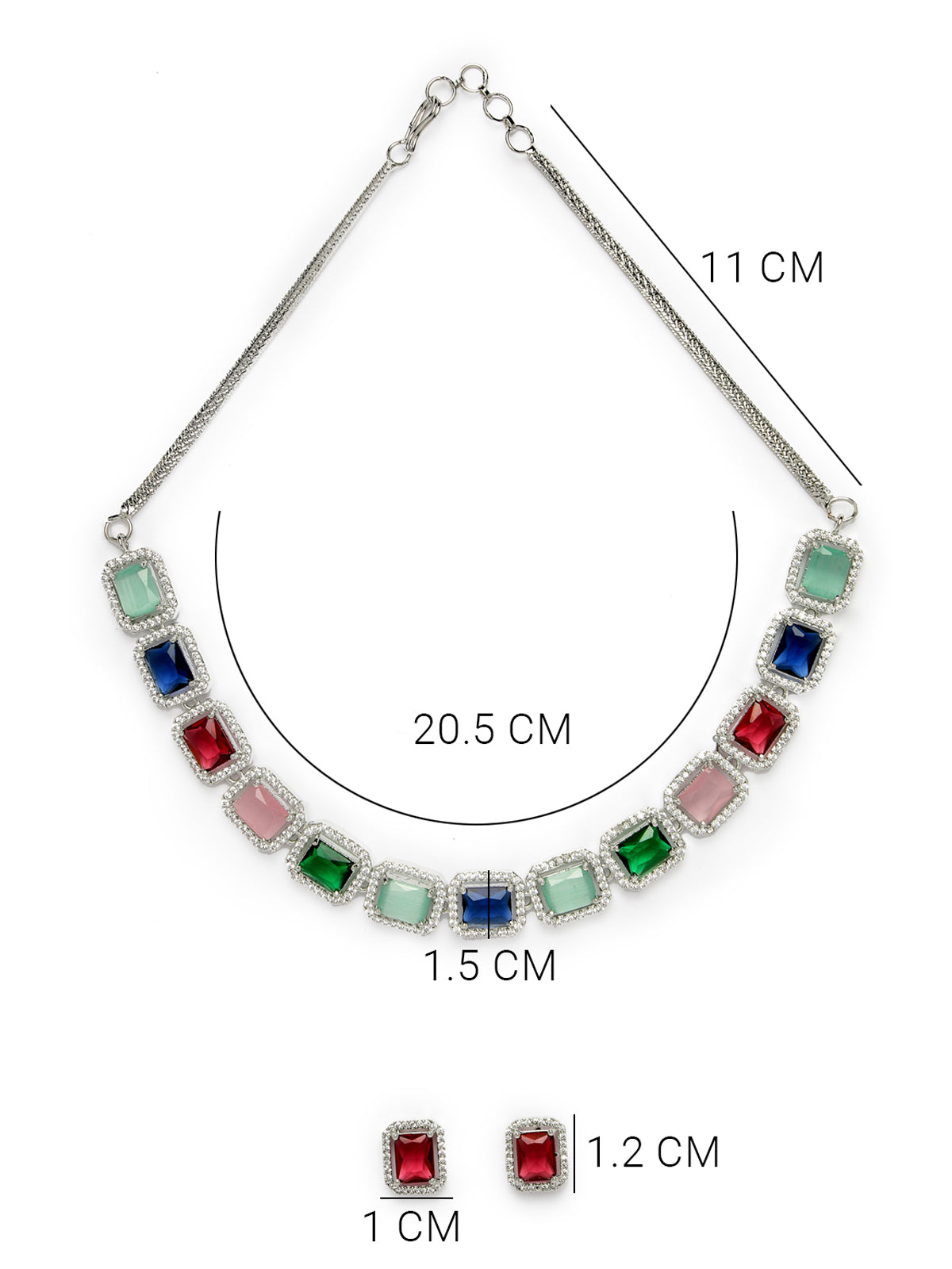 Sukkhi Most Beautiful Rhodium Plated Quadrate Shaped with Cubic Zirconia Stone Studded Silver Multicolor Choker Necklace Set with Studs Earrings For Women & Girls |Set of 1|NS106824