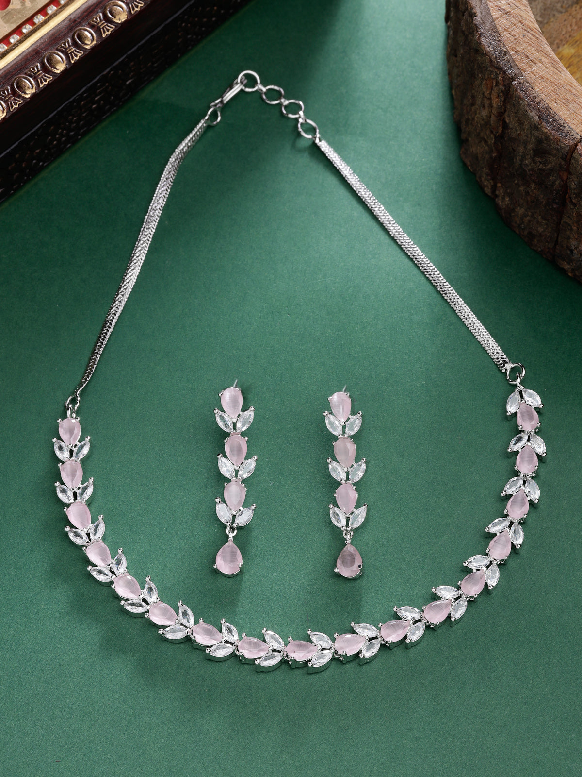 Sukkhi Good-Looking Rhodium Plated Drop & Leave Shaped with Cubic Zirconia Stones Studded Silver Pink Choker Necklace Set with Dangler Earrings Jewellery Set for Women & Girls |Set of 1|NS106825