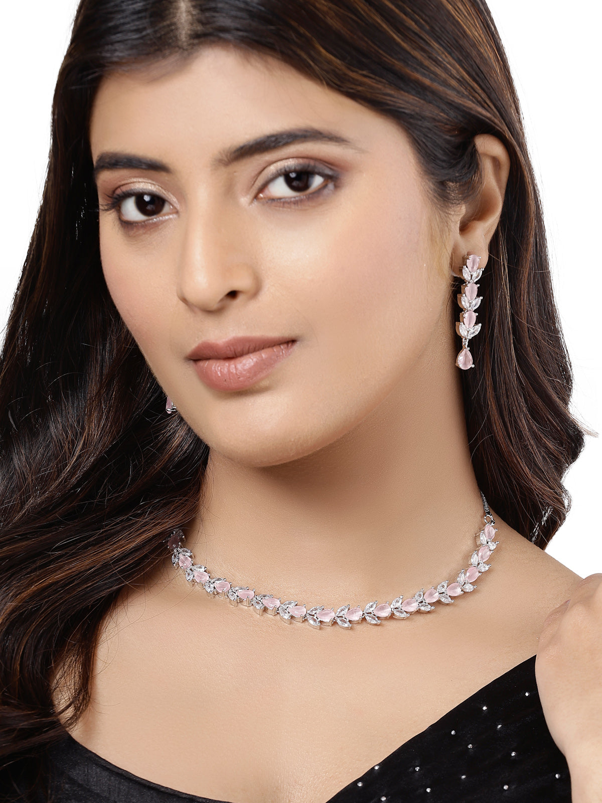 Sukkhi Good-Looking Rhodium Plated Drop & Leave Shaped with Cubic Zirconia Stones Studded Silver Pink Choker Necklace Set with Dangler Earrings Jewellery Set for Women & Girls |Set of 1|NS106825