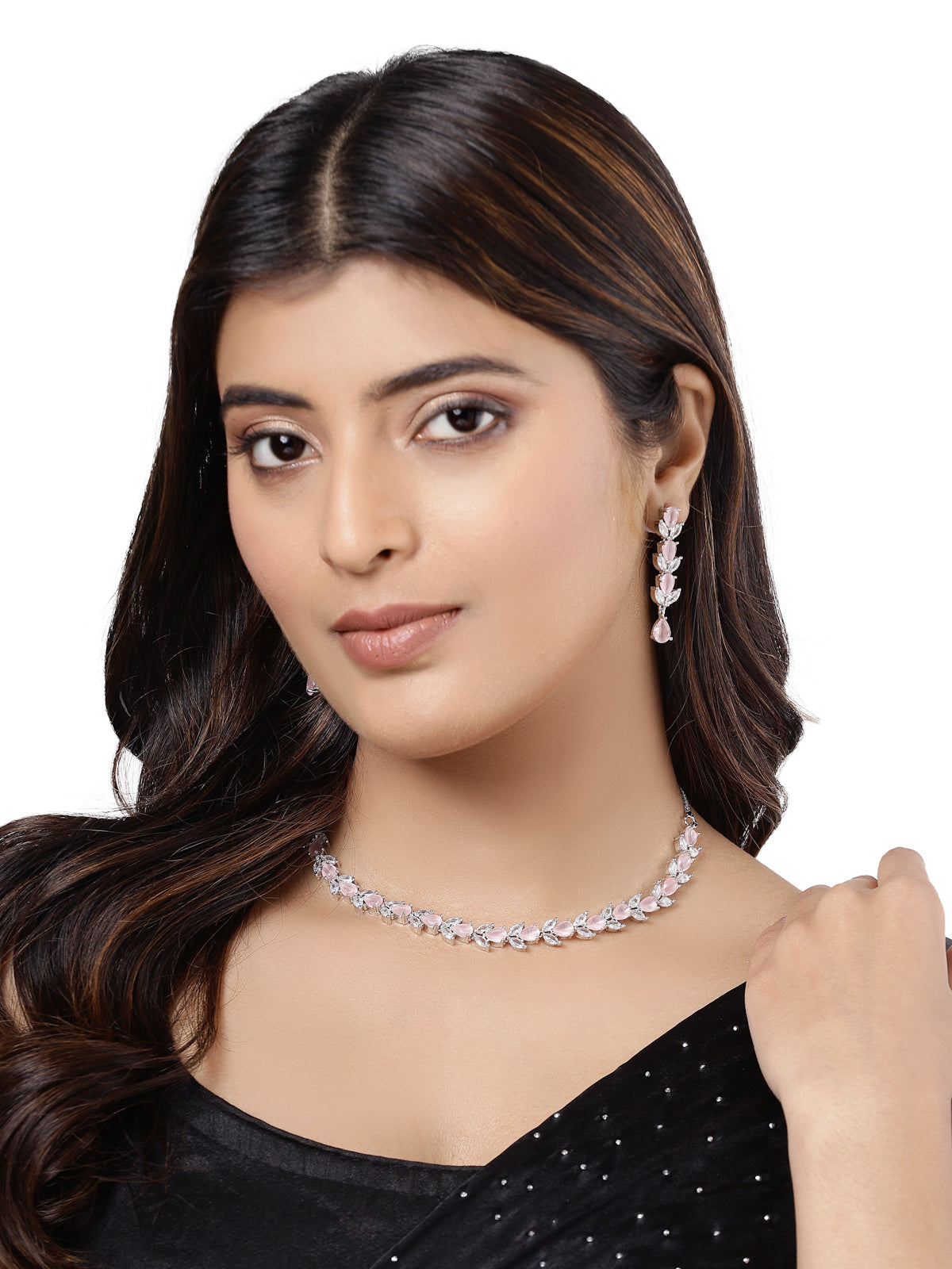 Sukkhi Good-Looking Rhodium Plated Drop & Leave Shaped with Cubic Zirconia Stones Studded Silver Pink Choker Necklace Set with Dangler Earrings Jewellery Set for Women & Girls |Set of 1|NS106825