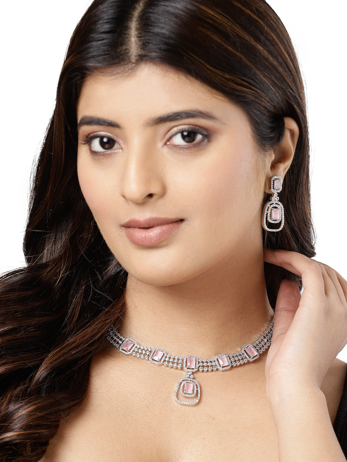 Sukkhi Pretty Pink Rhodium Plated Quadrate Shaped with Cubic Zirconia Stones Studded Silver Choker Necklace Set with Dangler Earrings Jewellery Set For Women & Girls |Set of 1|NS106826