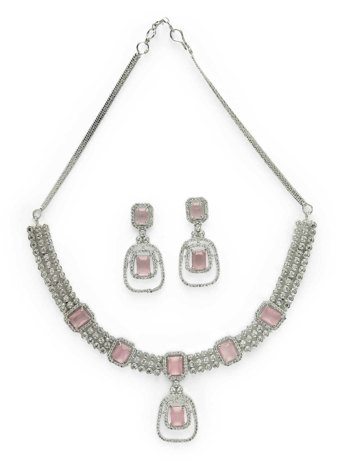 Sukkhi Pretty Pink Rhodium Plated Quadrate Shaped with Cubic Zirconia Stones Studded Silver Choker Necklace Set with Dangler Earrings Jewellery Set For Women & Girls |Set of 1|NS106826