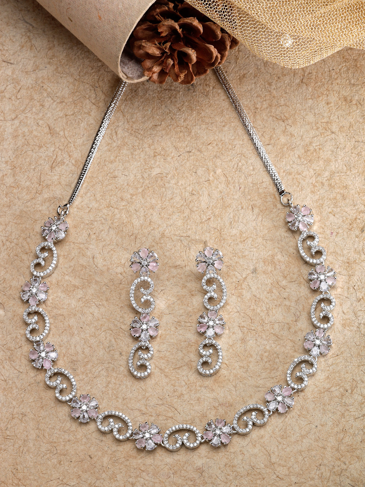Sukkhi Sparkling Rhodium Plated Floral Shaped with Cubic Zirconia Stone Studded Silver Pink Choker Necklace Set with Dangler Earrings Jewellery Set For Women & Girls |Set of 1|NS106828