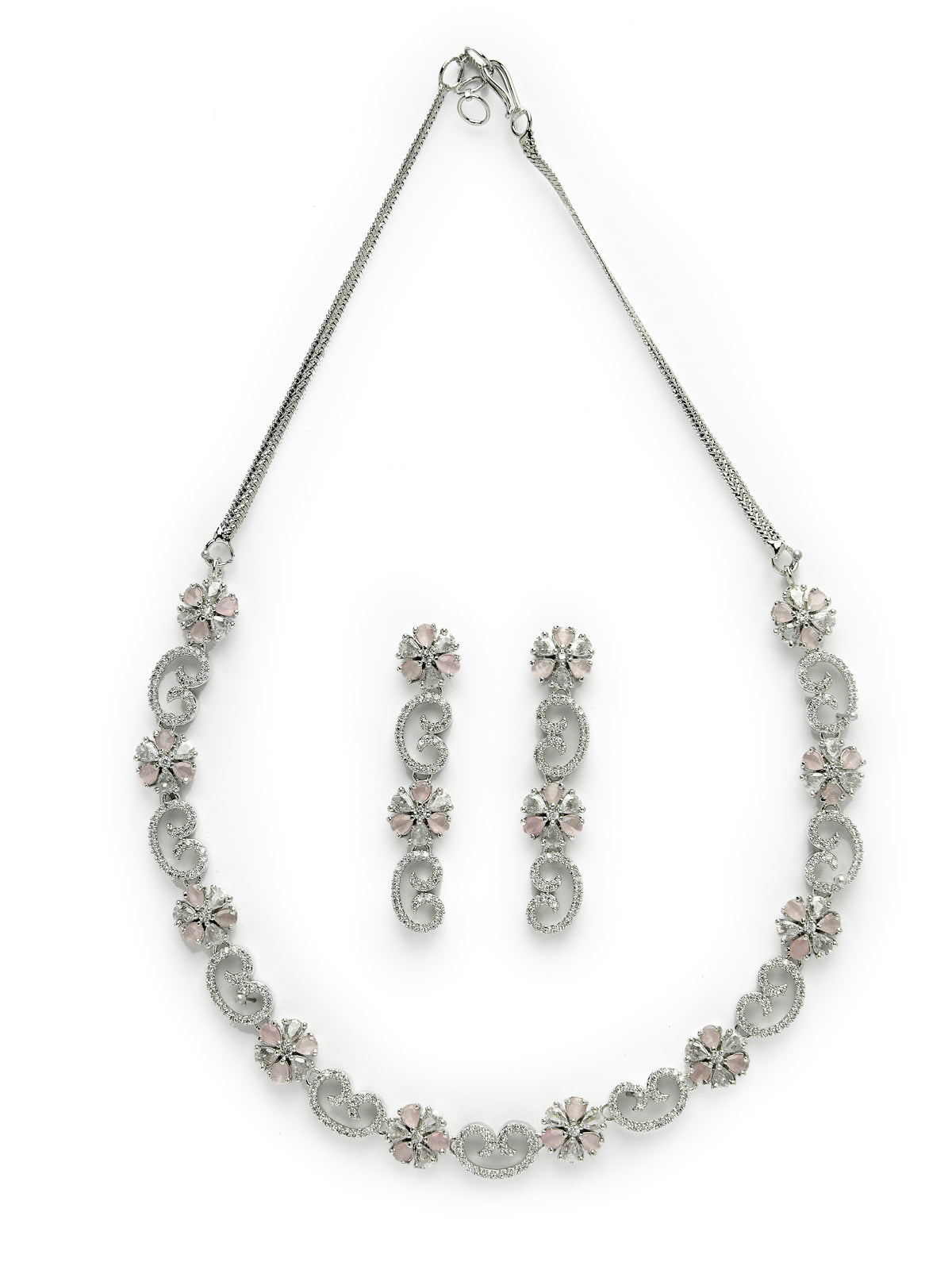 Sukkhi Sparkling Rhodium Plated Floral Shaped with Cubic Zirconia Stone Studded Silver Pink Choker Necklace Set with Dangler Earrings Jewellery Set For Women & Girls |Set of 1|NS106828