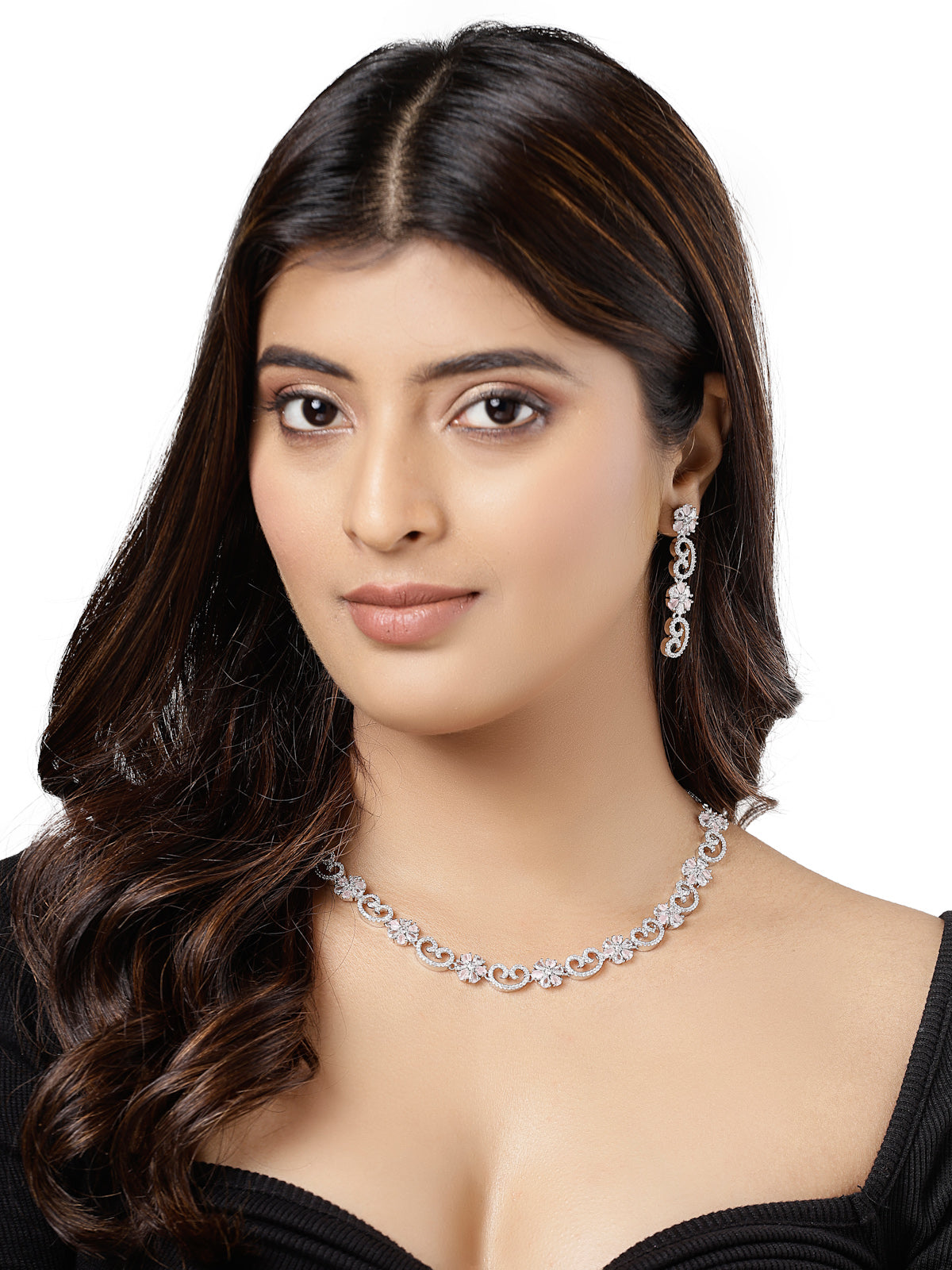 Sukkhi Sparkling Rhodium Plated Floral Shaped with Cubic Zirconia Stone Studded Silver Pink Choker Necklace Set with Dangler Earrings Jewellery Set For Women & Girls |Set of 1|NS106828
