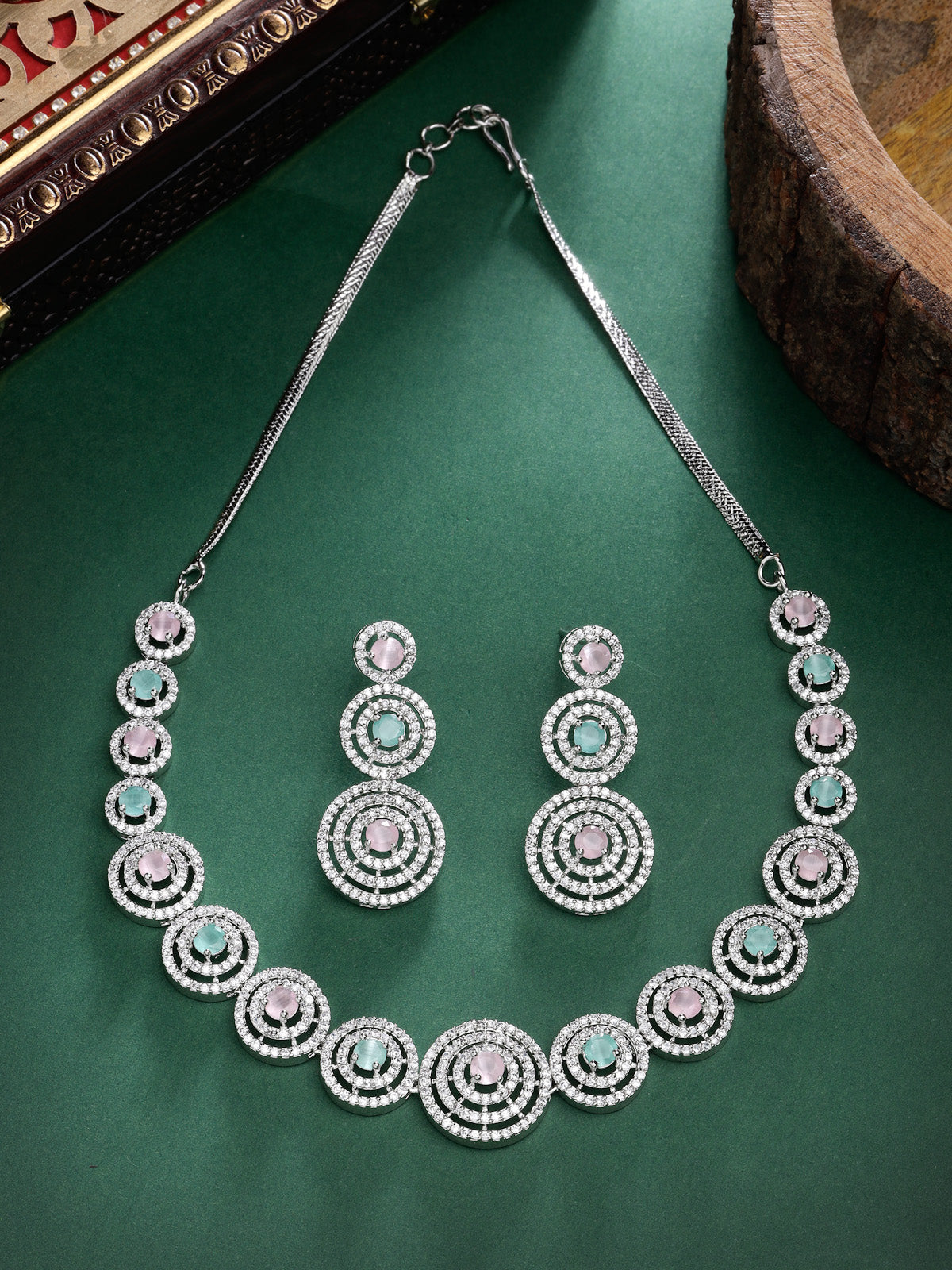 Sukkhi Decent Rhodium Plated Round Shaped with Cubic Zirconia Stones Studded Silver Pink & Green Choker Necklace Set with Dangler Earrings Jewellery Set for Women & Girls|Set of 1|NS106829
