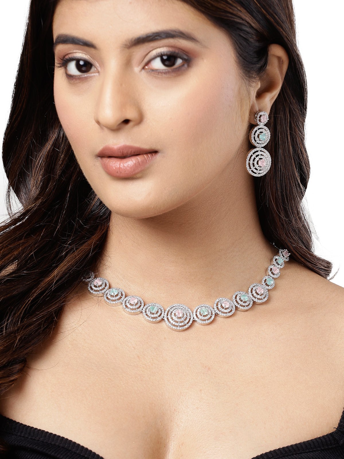 Sukkhi Decent Rhodium Plated Round Shaped with Cubic Zirconia Stones Studded Silver Pink & Green Choker Necklace Set with Dangler Earrings Jewellery Set for Women & Girls|Set of 1|NS106829