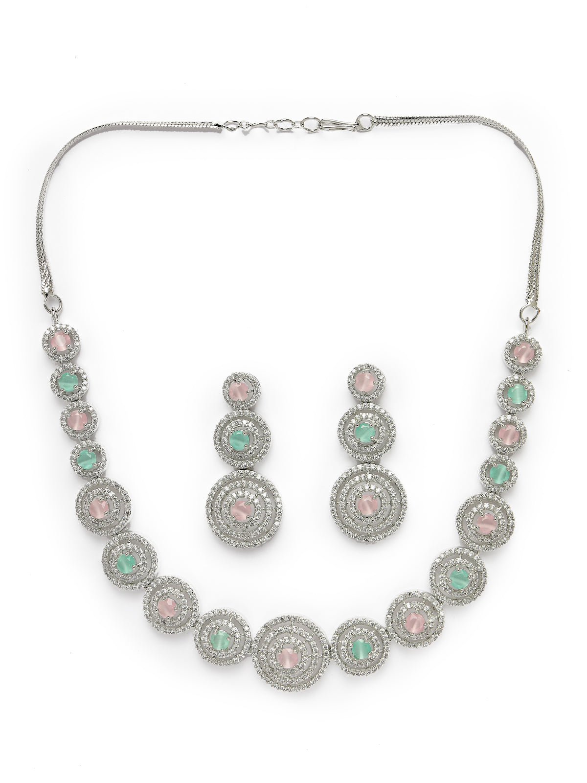 Sukkhi Decent Rhodium Plated Round Shaped with Cubic Zirconia Stones Studded Silver Pink & Green Choker Necklace Set with Dangler Earrings Jewellery Set for Women & Girls|Set of 1|NS106829