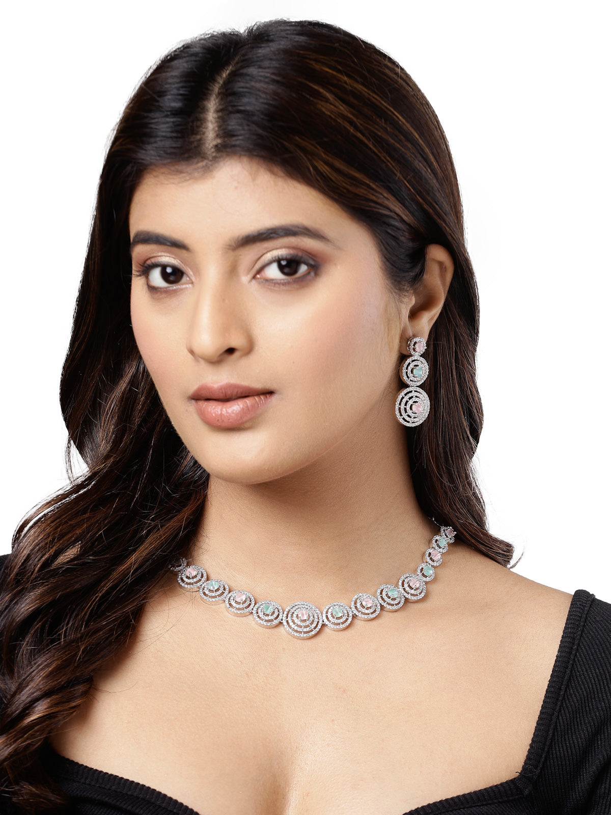 Sukkhi Decent Rhodium Plated Round Shaped with Cubic Zirconia Stones Studded Silver Pink & Green Choker Necklace Set with Dangler Earrings Jewellery Set for Women & Girls|Set of 1|NS106829