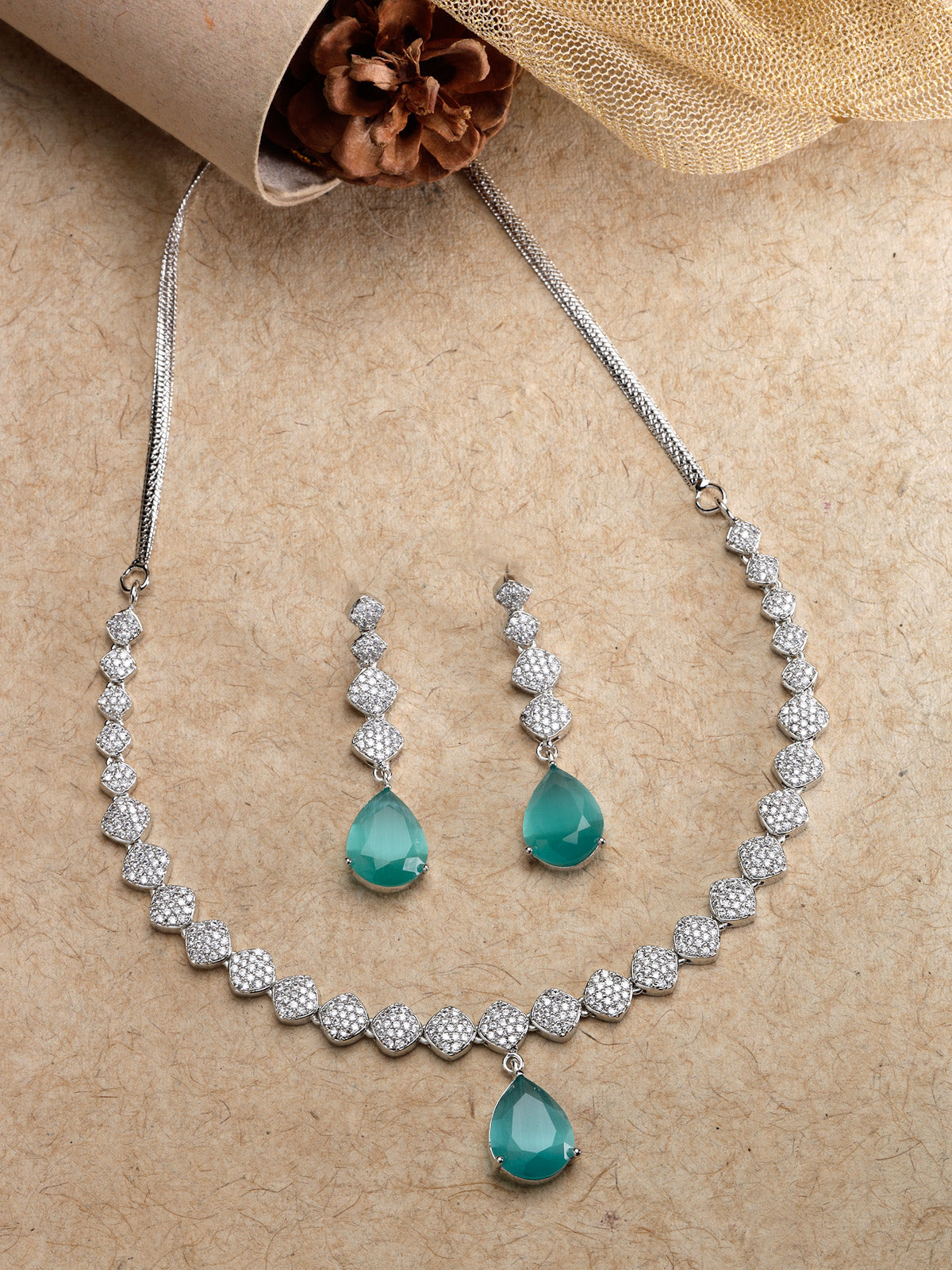 Sukkhi Attractive Rhodium Plated Drop Shaped with Cubic Zirconia Stones Studded Silver Blue Choker Necklace Set with Dangler Drop Earrings Jewellery Set for Women & Girls|NS106831