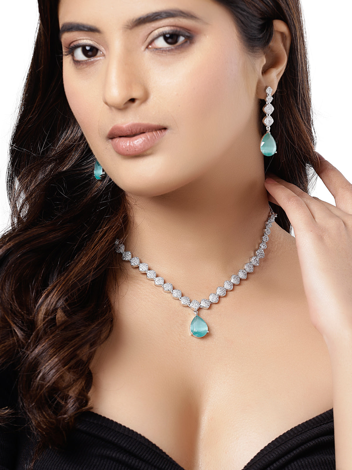 Sukkhi Attractive Rhodium Plated Drop Shaped with Cubic Zirconia Stones Studded Silver Blue Choker Necklace Set with Dangler Drop Earrings Jewellery Set for Women & Girls|NS106831