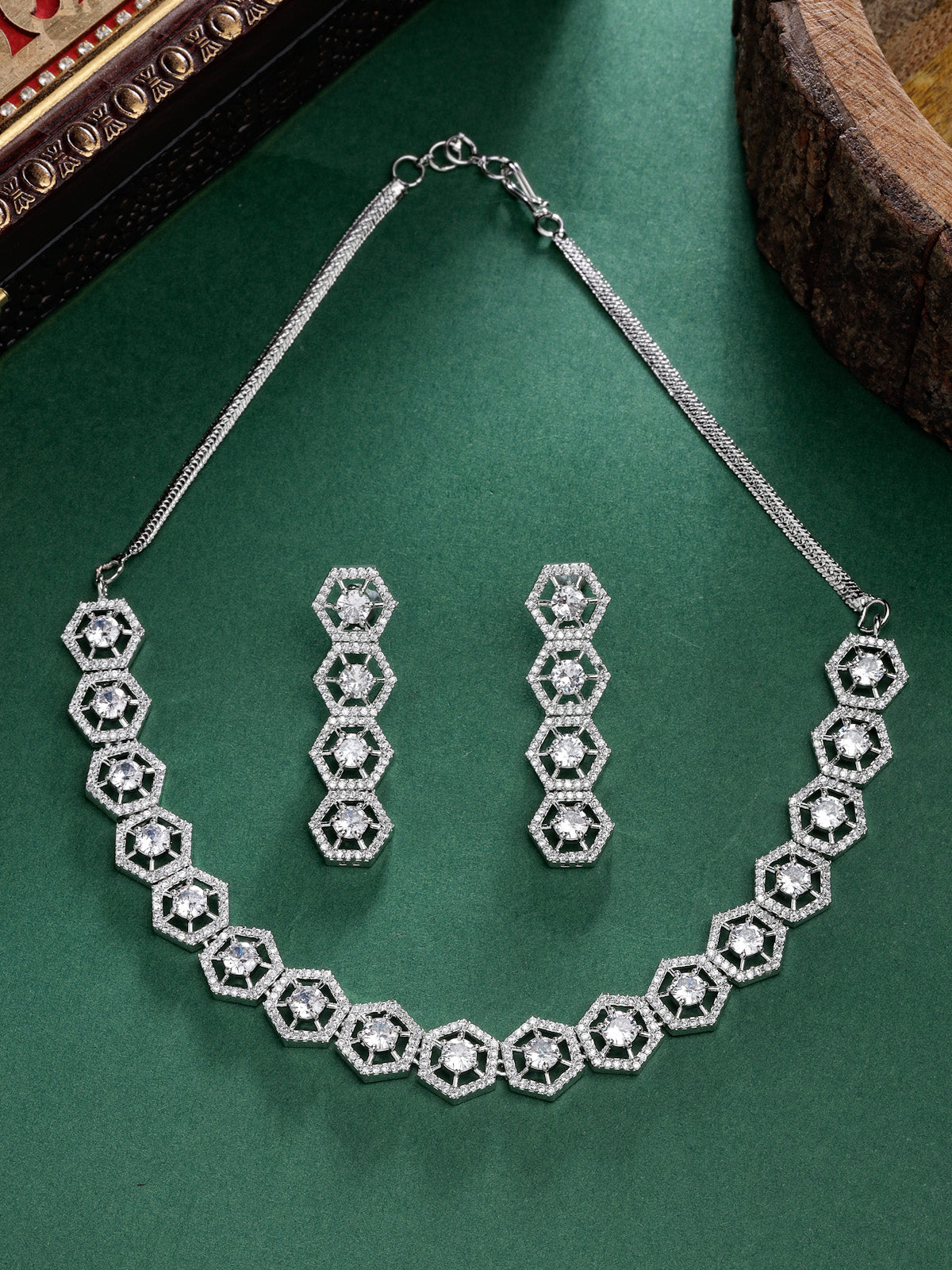 Sukkhi Universal Rhodium Plated Hexagon Shaped with Cubic Zirconia Stones Studded Silver Choker Necklace Set with Dangler Earrings Jewellery Set for Women & Girls|Set of 1|NS106834