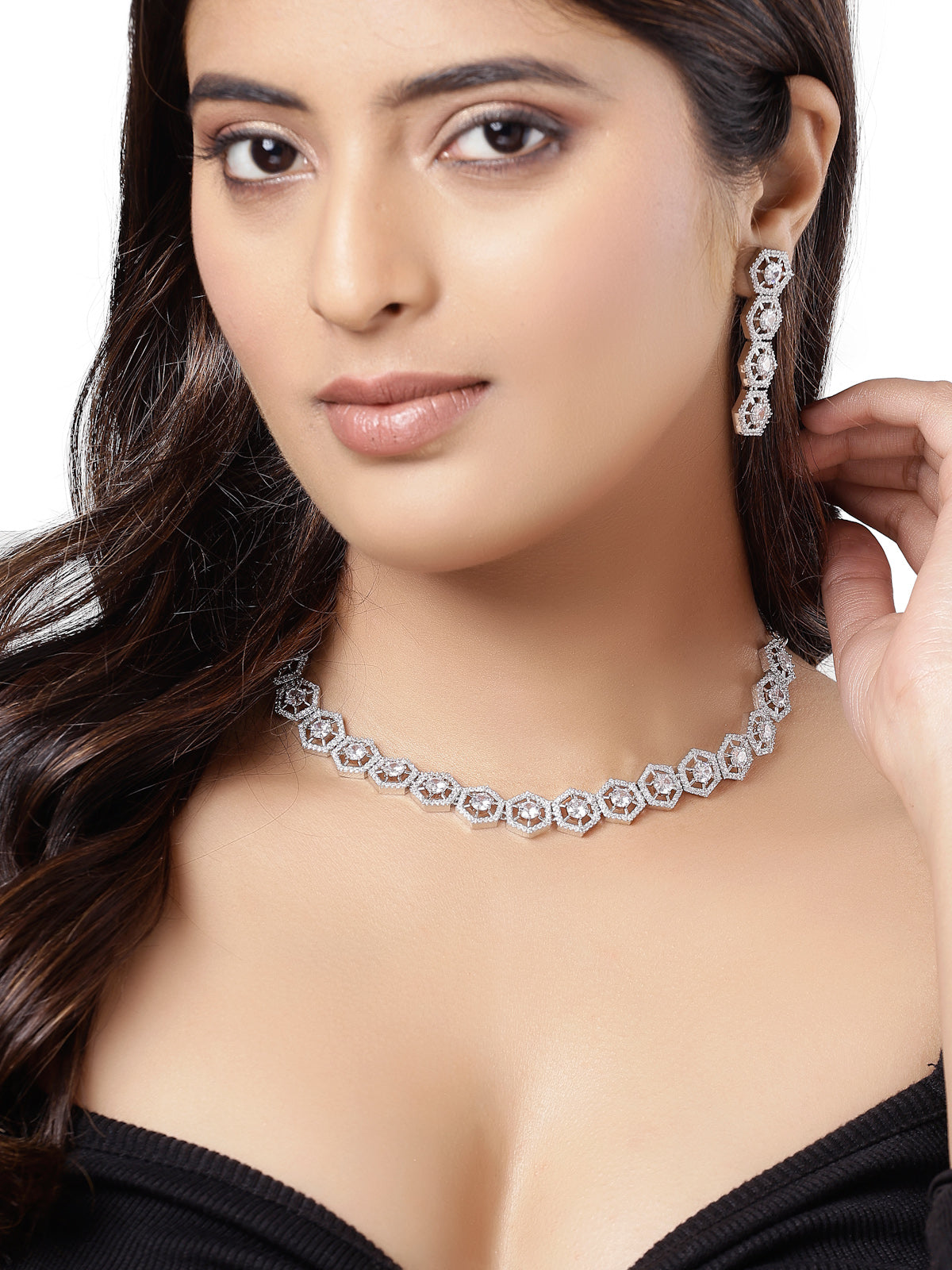 Sukkhi Universal Rhodium Plated Hexagon Shaped with Cubic Zirconia Stones Studded Silver Choker Necklace Set with Dangler Earrings Jewellery Set for Women & Girls|Set of 1|NS106834