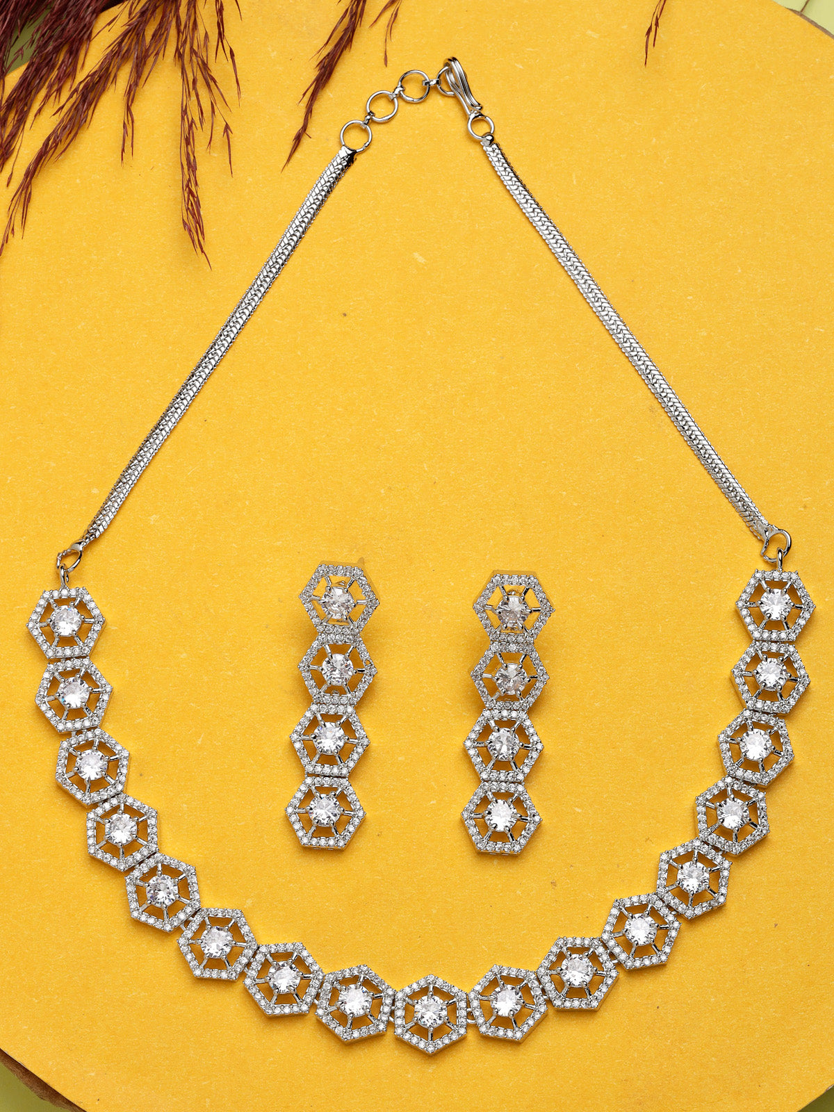Sukkhi Universal Rhodium Plated Hexagon Shaped with Cubic Zirconia Stones Studded Silver Choker Necklace Set with Dangler Earrings Jewellery Set for Women & Girls|Set of 1|NS106834