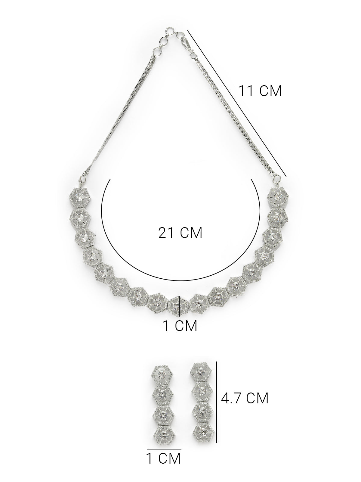 Sukkhi Universal Rhodium Plated Hexagon Shaped with Cubic Zirconia Stones Studded Silver Choker Necklace Set with Dangler Earrings Jewellery Set for Women & Girls|Set of 1|NS106834