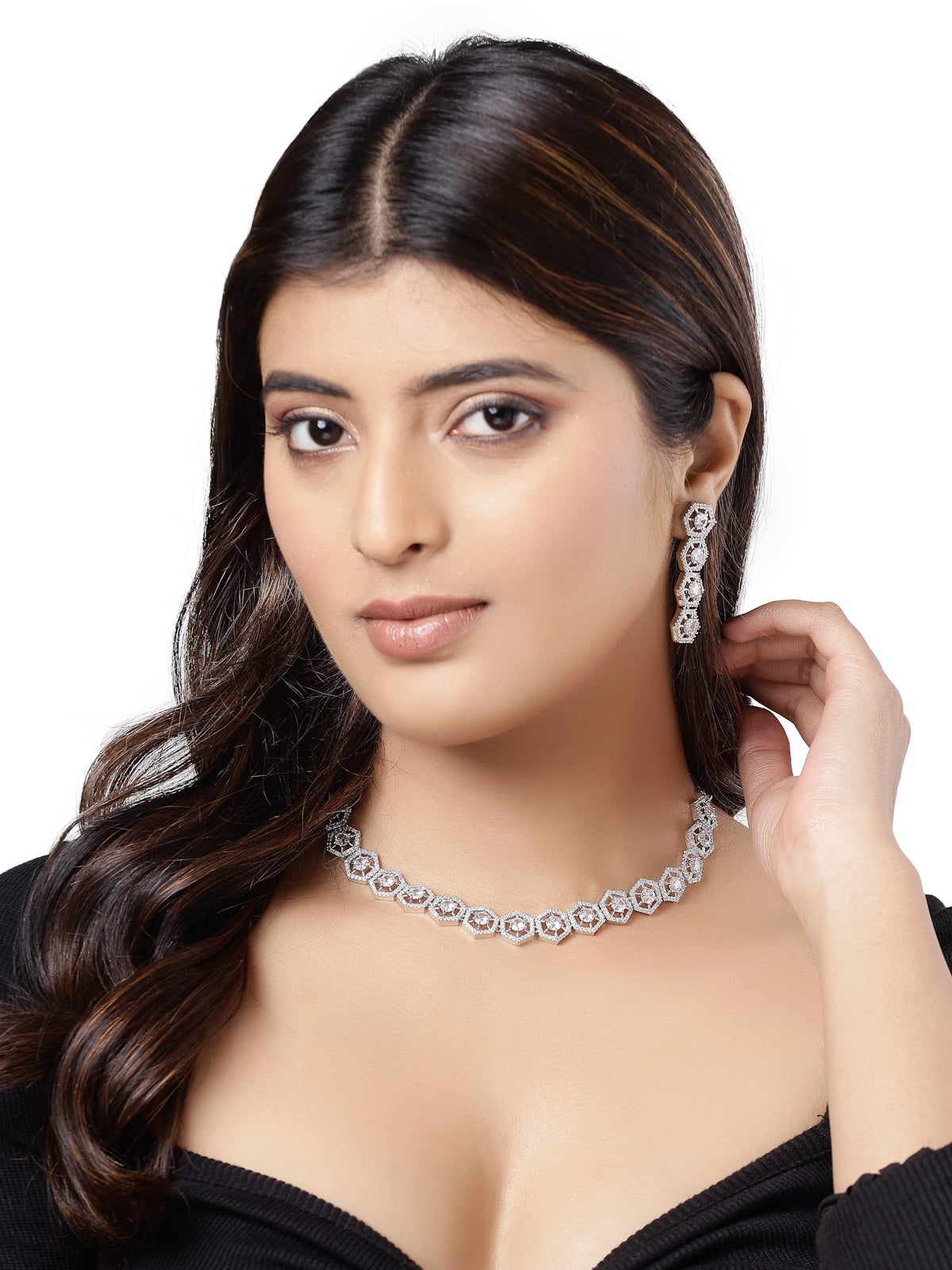 Sukkhi Universal Rhodium Plated Hexagon Shaped with Cubic Zirconia Stones Studded Silver Choker Necklace Set with Dangler Earrings Jewellery Set for Women & Girls|Set of 1|NS106834