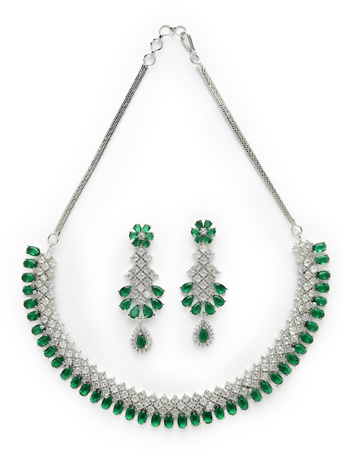 Sukkhi Urbane Rhodium Plated Cubic Zirconia Stones Studded Silver Green Choker Necklace Set with Dangler Earrings Jewellery Set for Women & Girls| Set of 1|NS106835