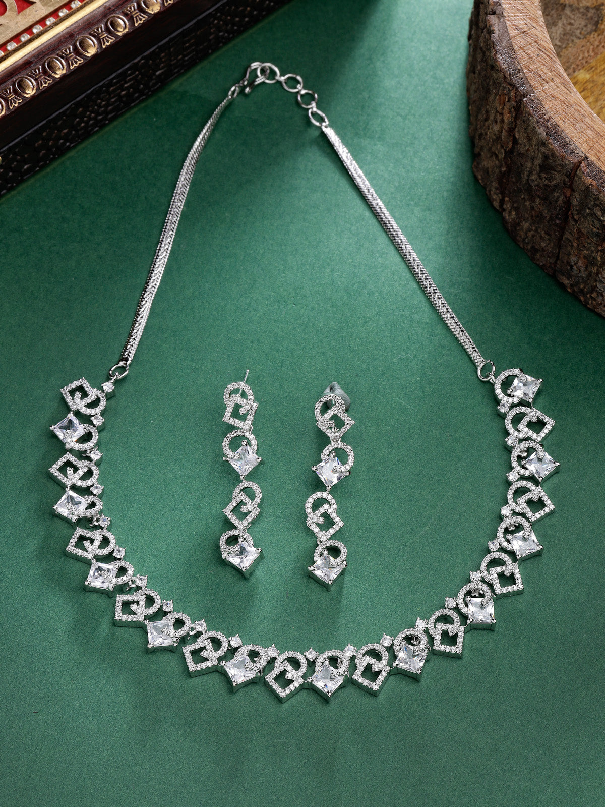 Sukkhi Charming Rhodium Plated Cubic Zirconia Stones Studded Choker Necklace Set  with Dangler Earrings Jewellery Set for Women & Girls|Set of 1|NS106838