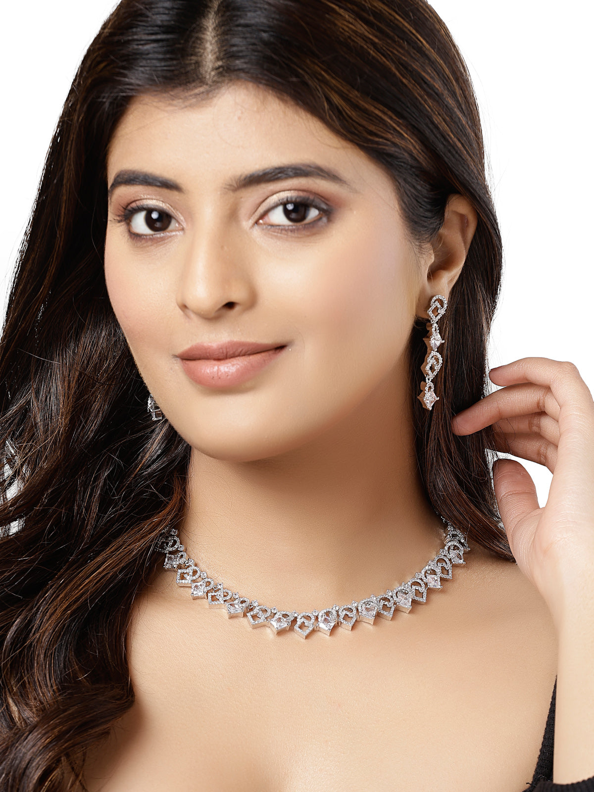 Sukkhi Charming Rhodium Plated Cubic Zirconia Stones Studded Choker Necklace Set  with Dangler Earrings Jewellery Set for Women & Girls|Set of 1|NS106838