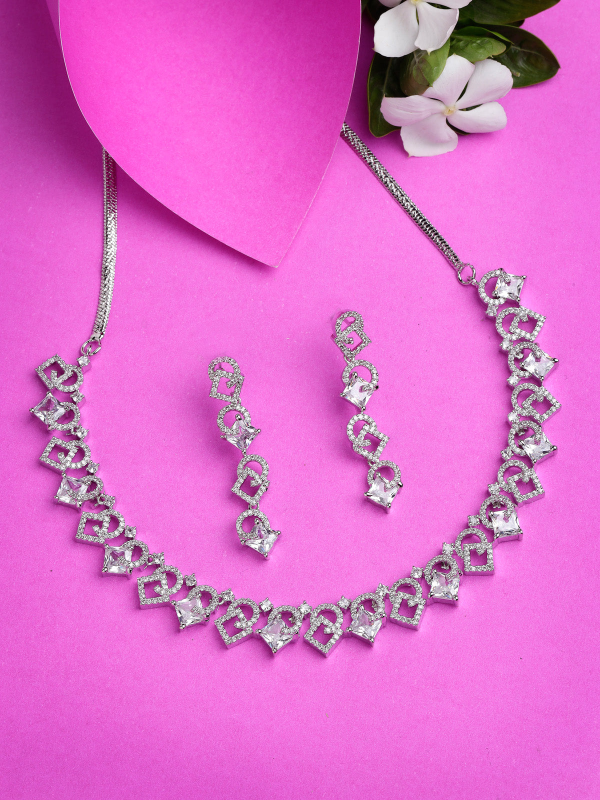 Sukkhi Charming Rhodium Plated Cubic Zirconia Stones Studded Choker Necklace Set  with Dangler Earrings Jewellery Set for Women & Girls|Set of 1|NS106838