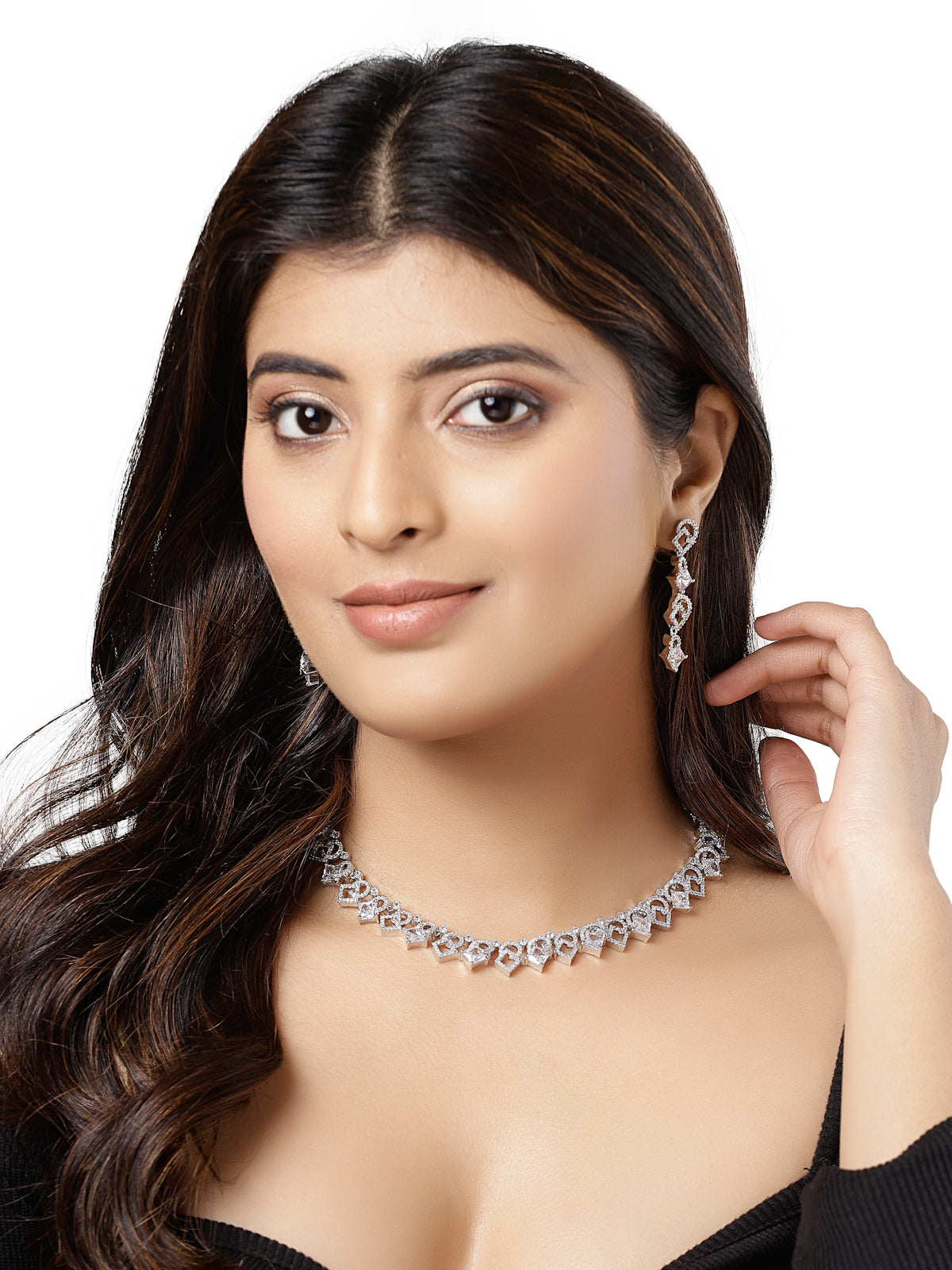 Sukkhi Charming Rhodium Plated Cubic Zirconia Stones Studded Choker Necklace Set  with Dangler Earrings Jewellery Set for Women & Girls|Set of 1|NS106838